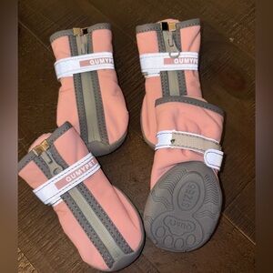 Dog shoes, socks and pet carrier.